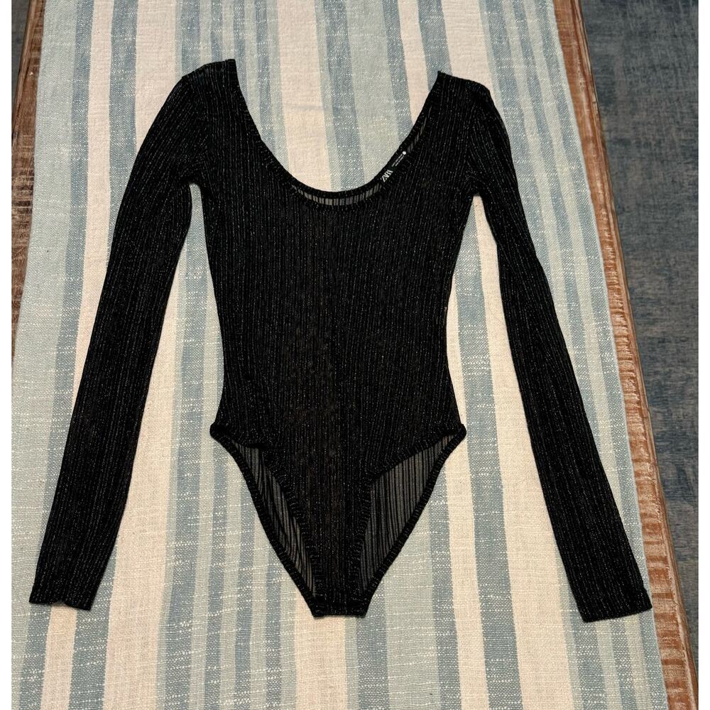 Zara size small bodysuit, sheer, black and gold metallic. - Picture 2 of 7